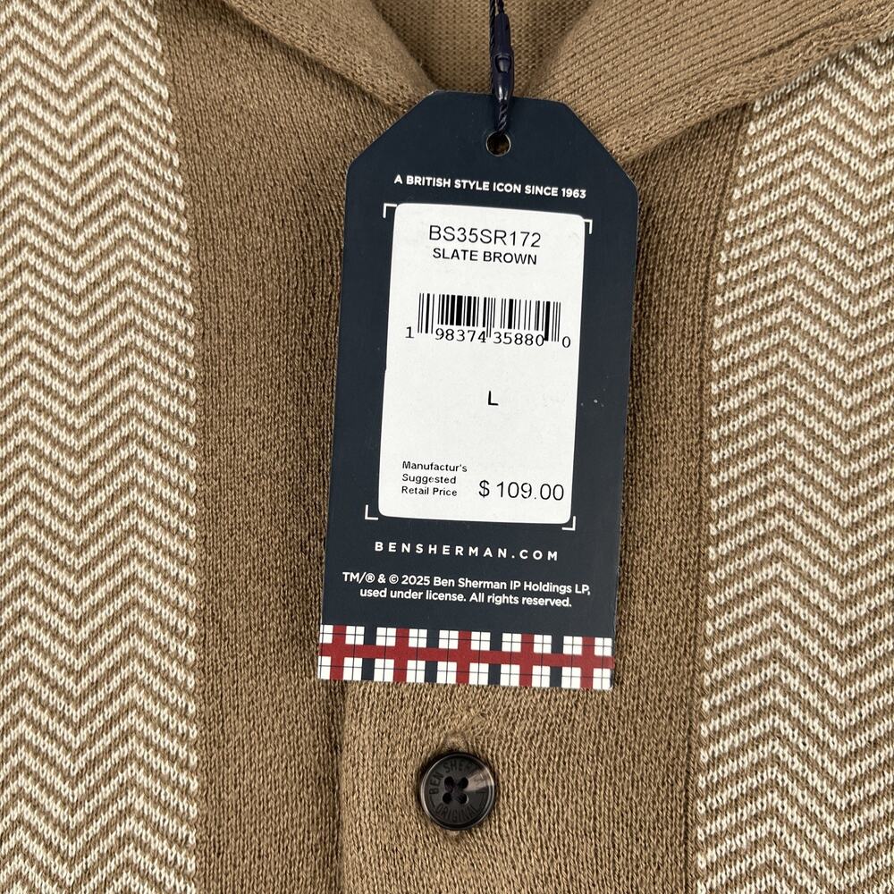 Ben Sherman Knit Shirt Large Beige Chevron Button Up Short Sleeve Mens New NWT - Picture 4 of 10